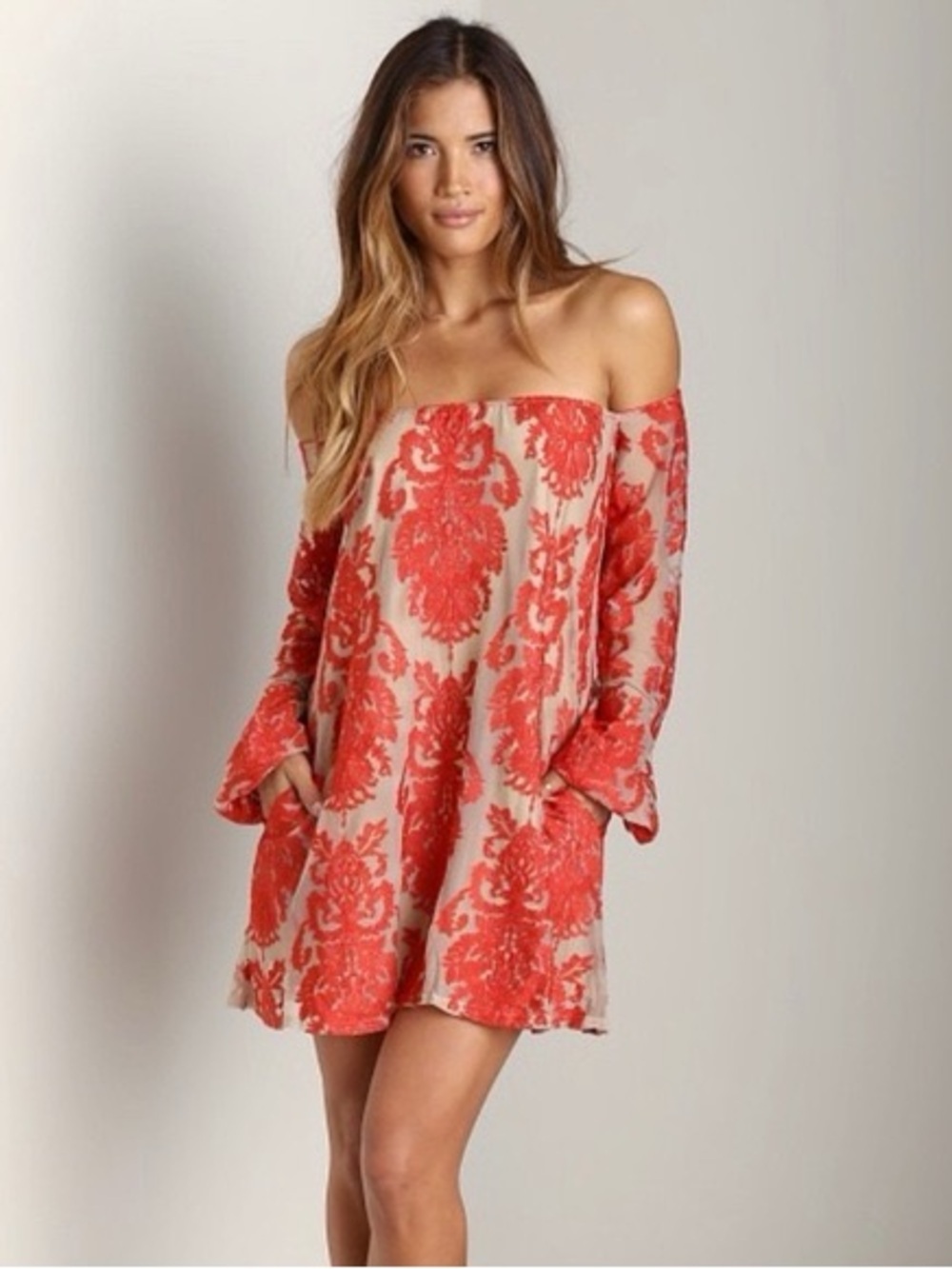 For Love and Lemons Off-Shoulder Red Floral Shift Dress Size S